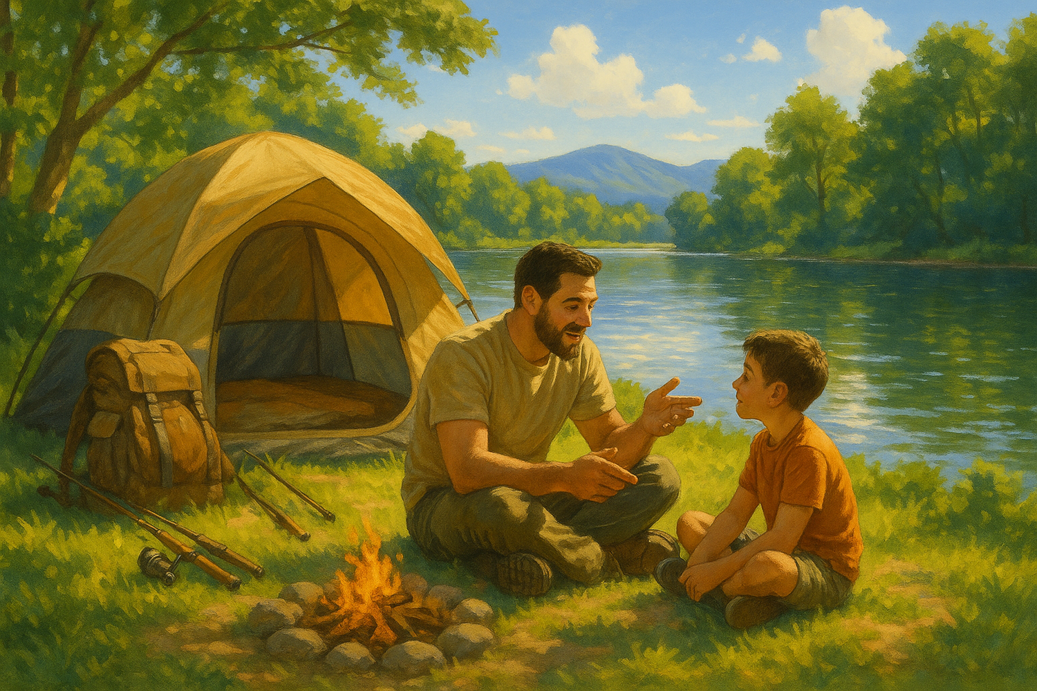 A father and son camping by the lake on a bright beautiful day
